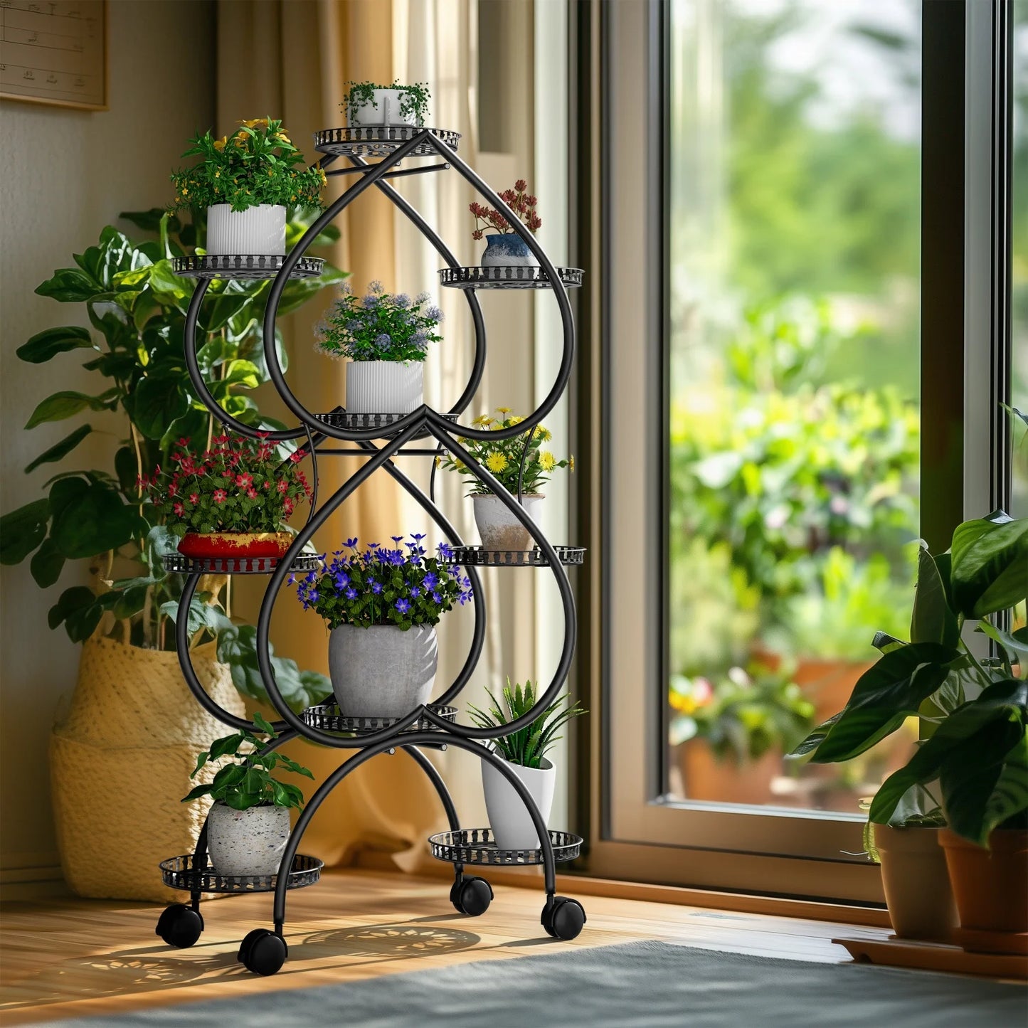 Metal Plant Stand On Wheels With Nine Pots