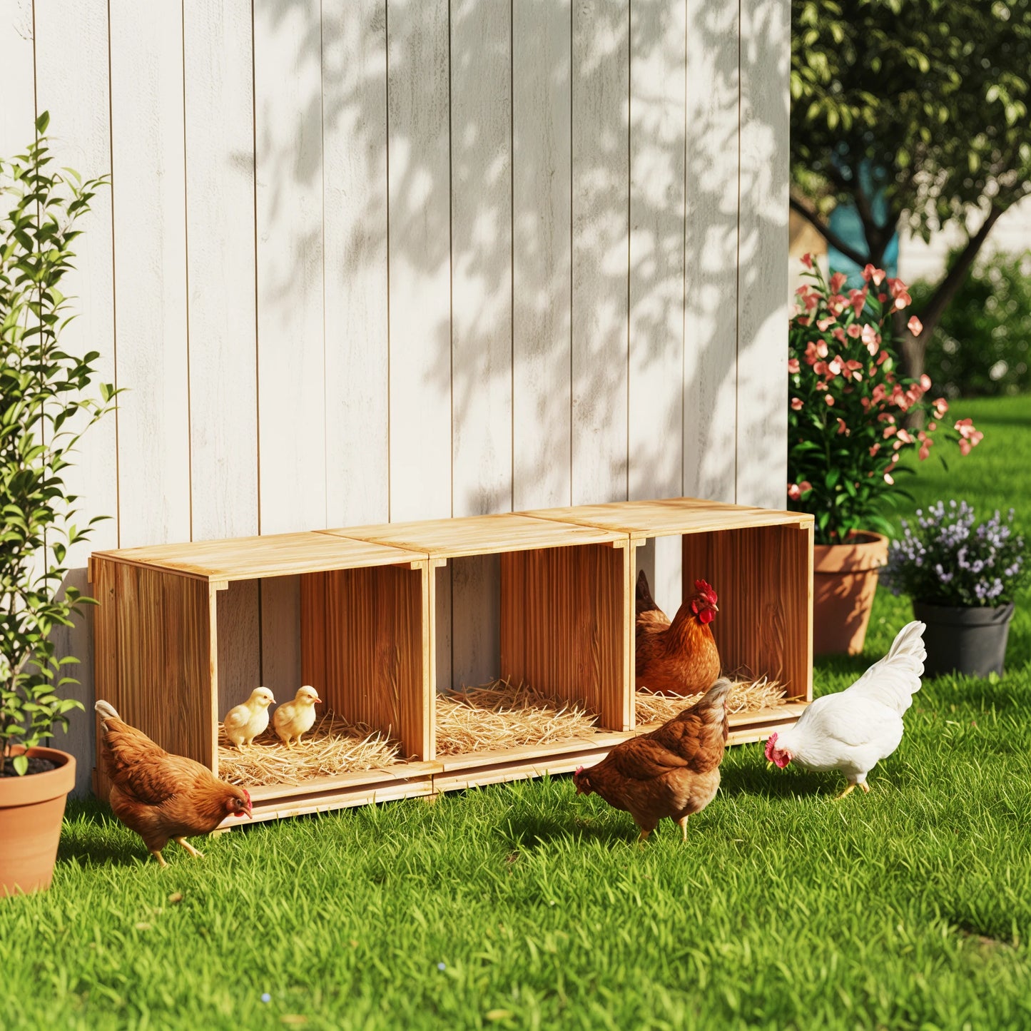 BORWART 3-Compartment Wooden Nesting Box For Chickens And Ducks