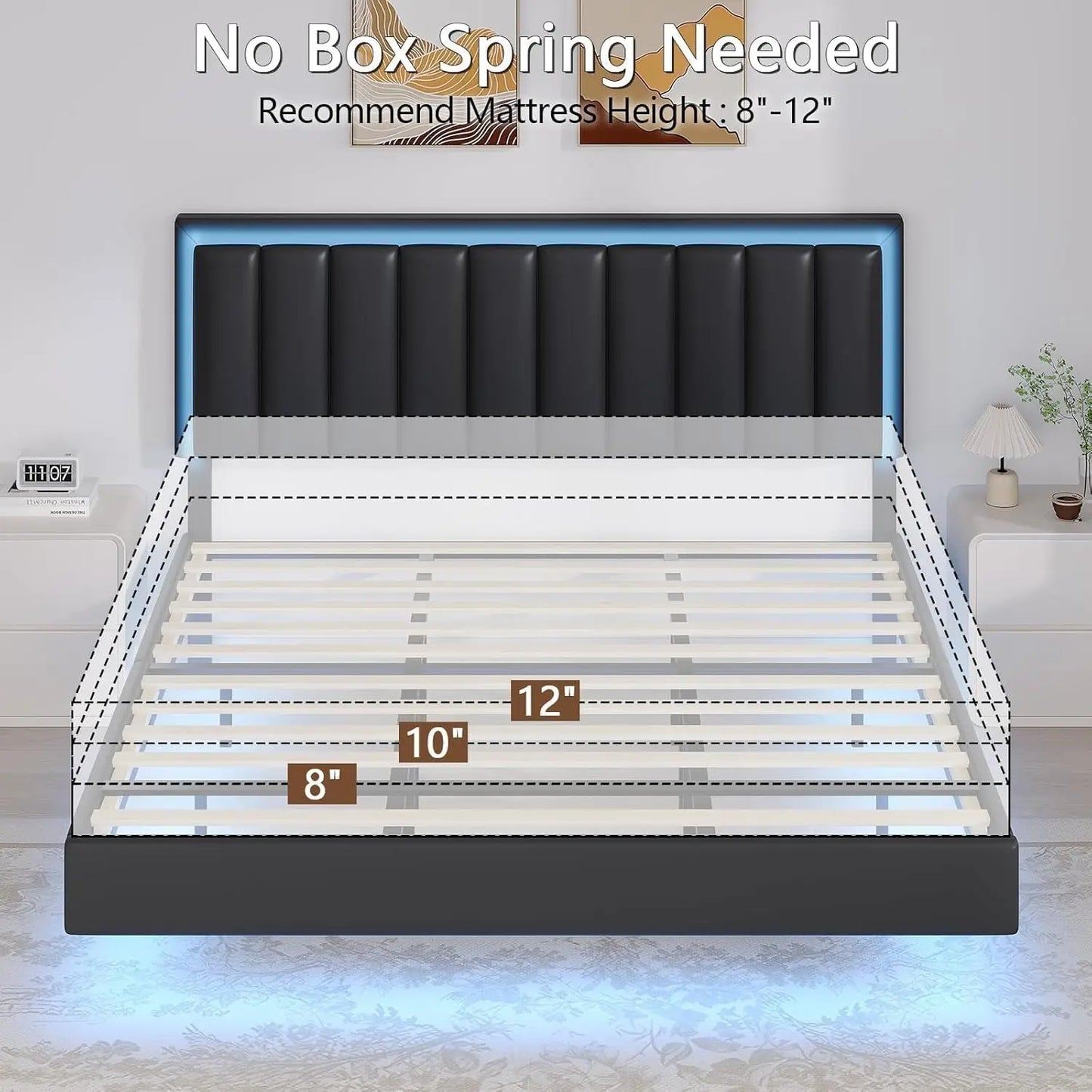 GUANGBAI Floating Bed Frame With LED Lights And Upholstered Headboard