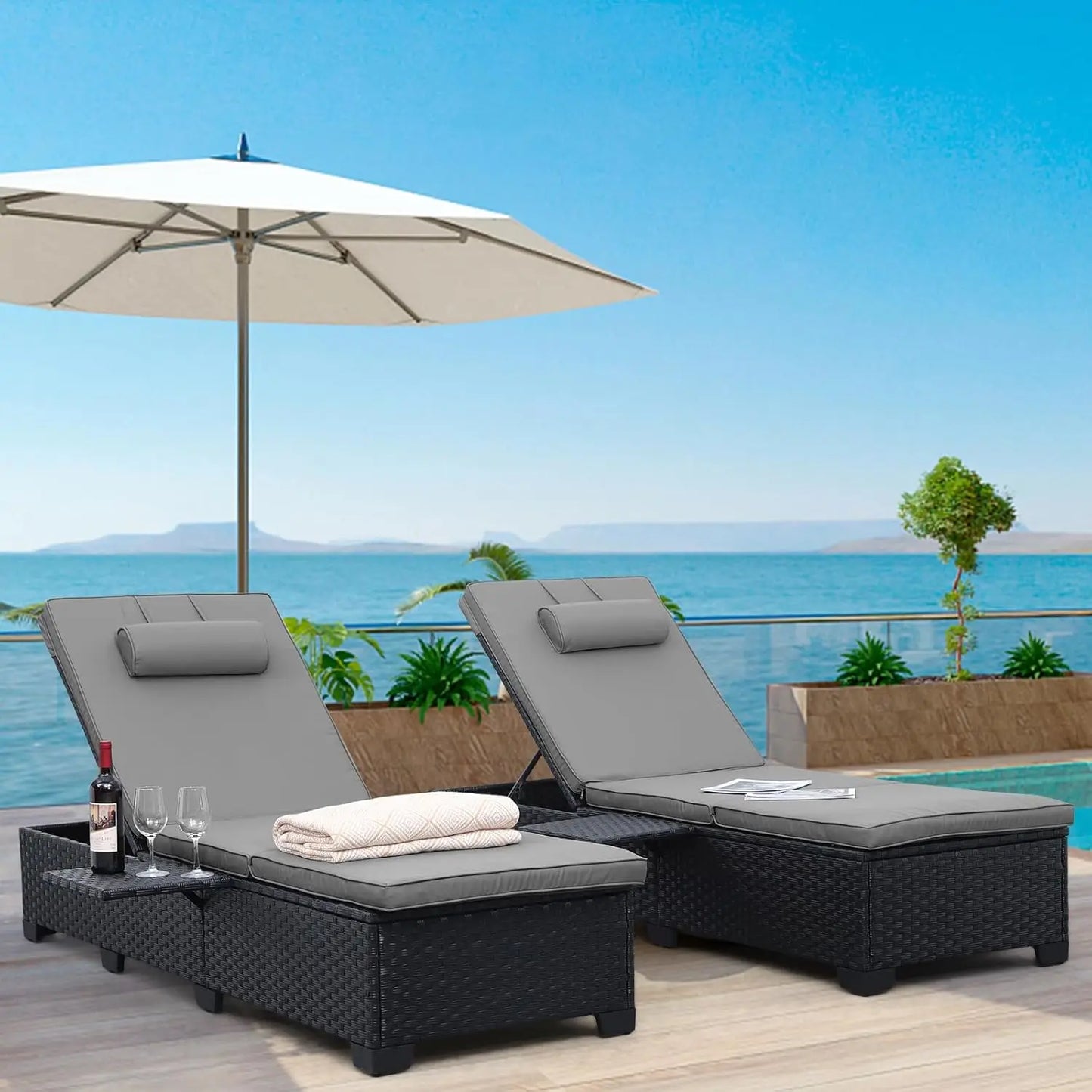 Outdoor Wicker Chaise Lounge Set for Patio with Cushions