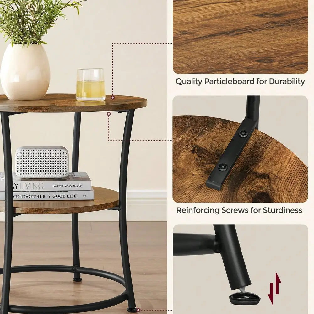 Round End Table With Steel Frame And Two Shelves For Living Rooms