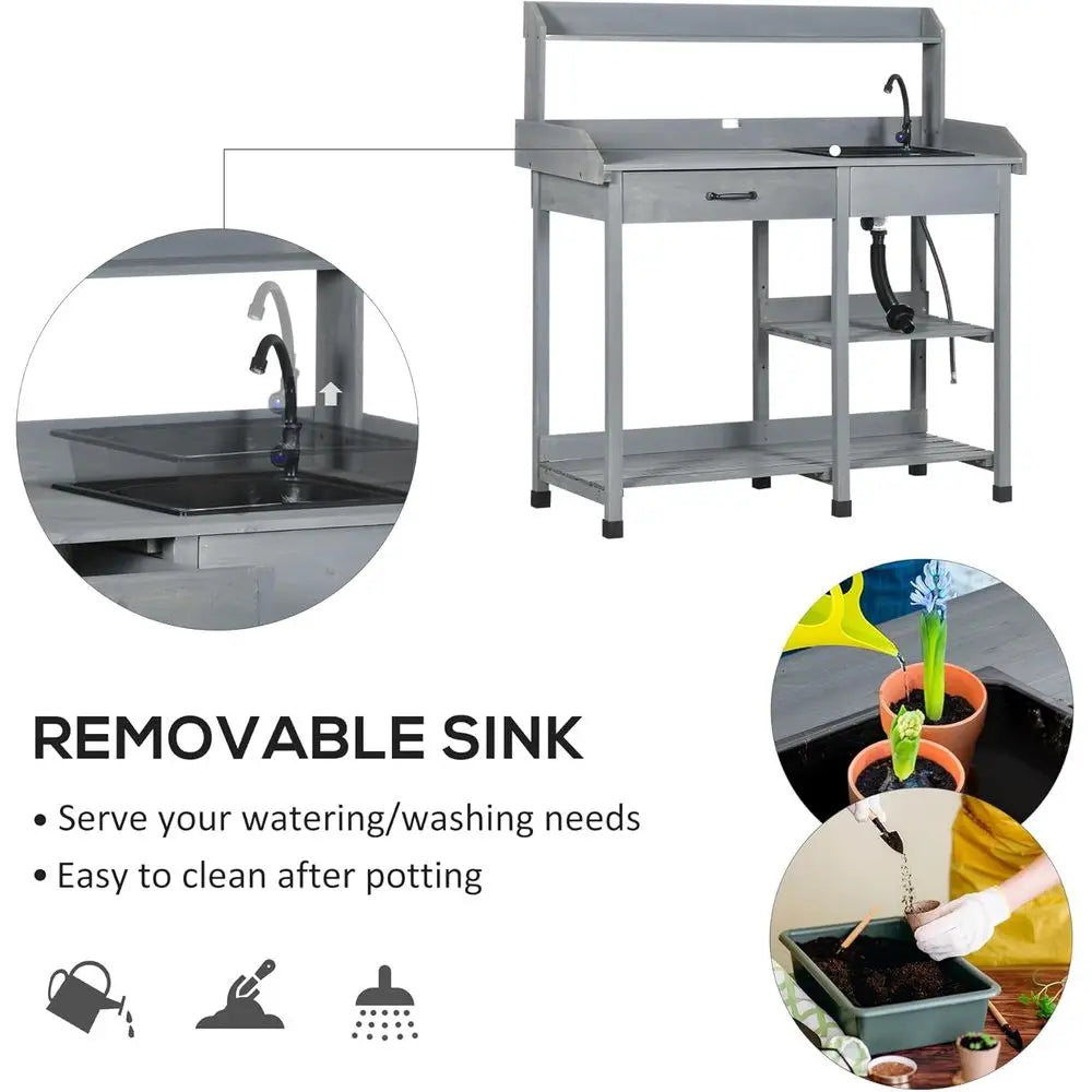 Outdoor Wooden Garden Workbench With Detachable Sink, Faucet, Storage, And Hooks