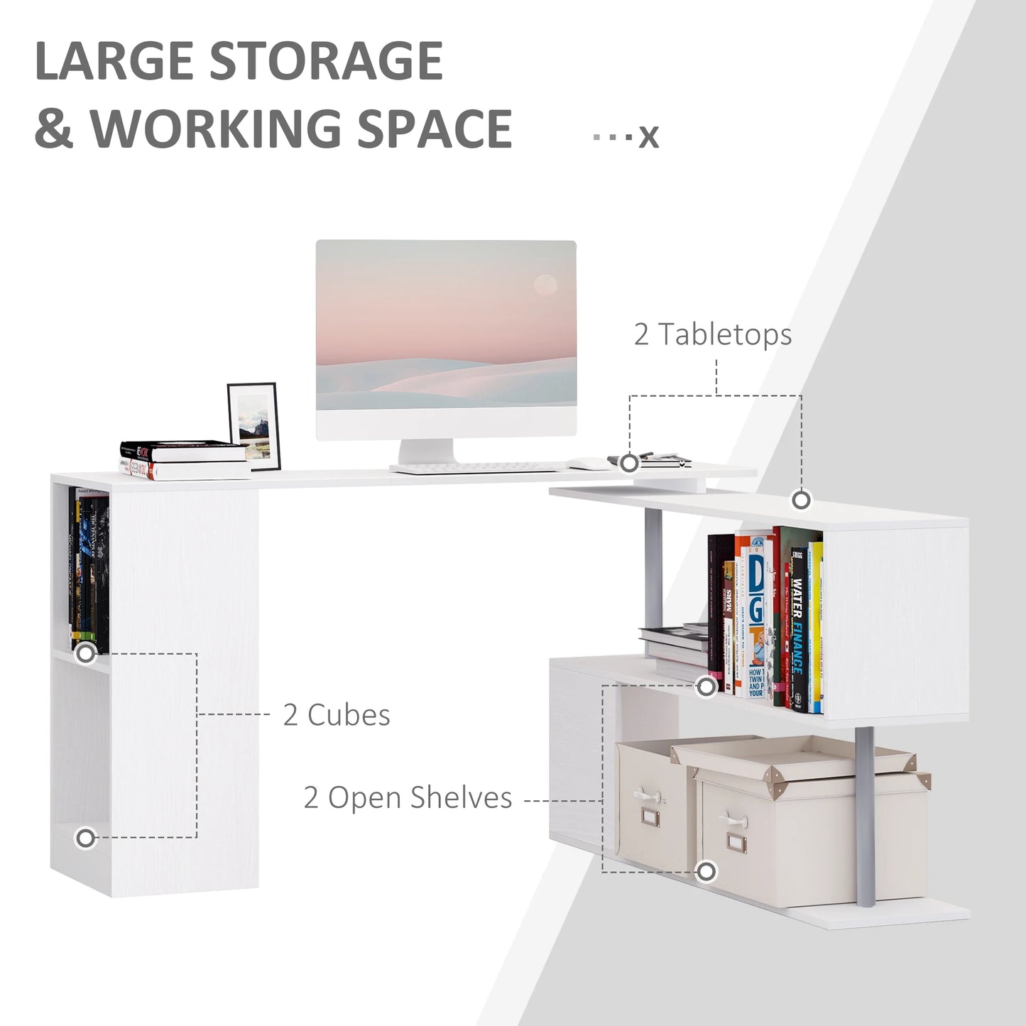 White L Shaped Corner Desk With 3 Tier Shelves