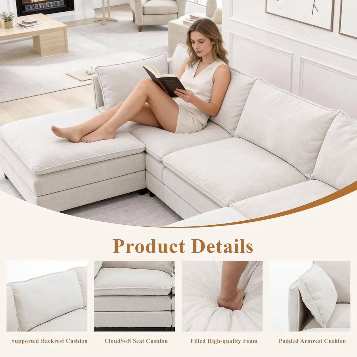 L Shaped Modular Sectional Sofa Chenille Cloud Couch Movable Ottoman