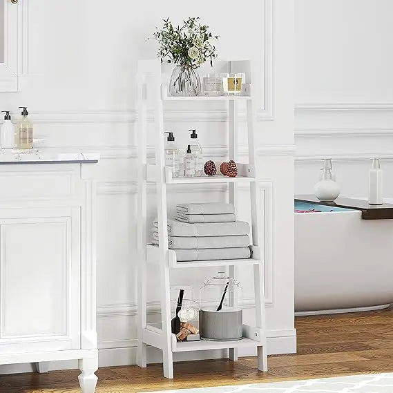White 4-Tier Ladder Style Freestanding Bathroom Shelf with Open Wood Shelves for Space Saving