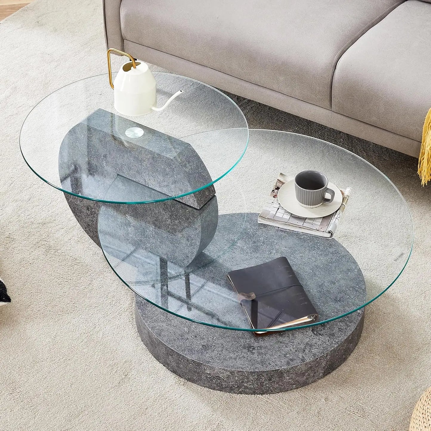 Tempered Glass Coffee Table With Three Tier Wood Base