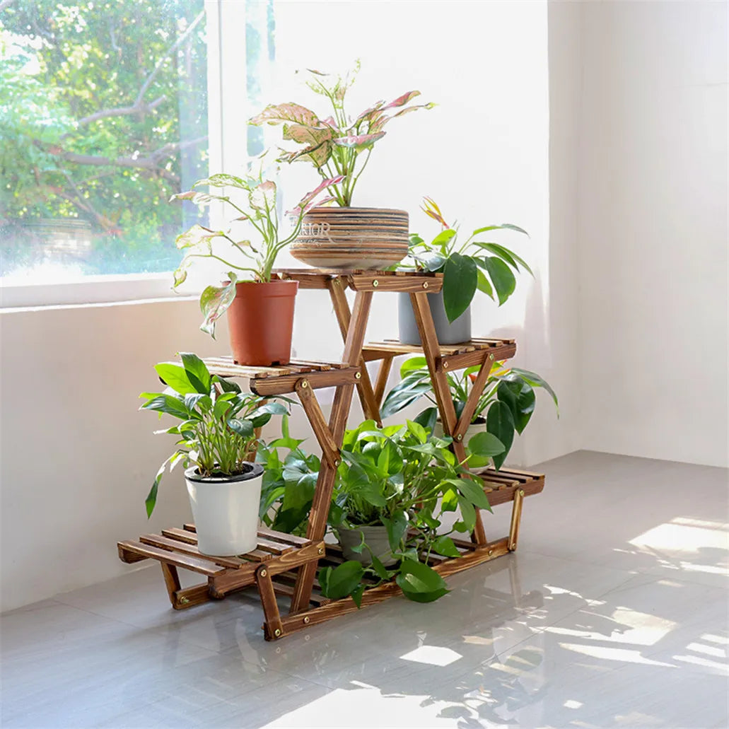 Six Tier Wood Plant Stand for Corner Display Indoor Use