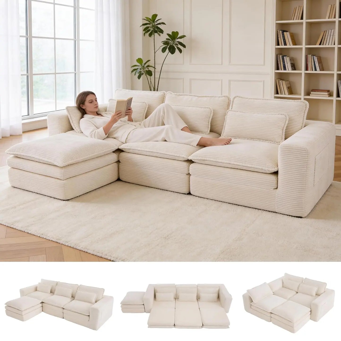 BIANXIANG L-Shape Modular Sectional Sofa With Ottoman Pull-Out