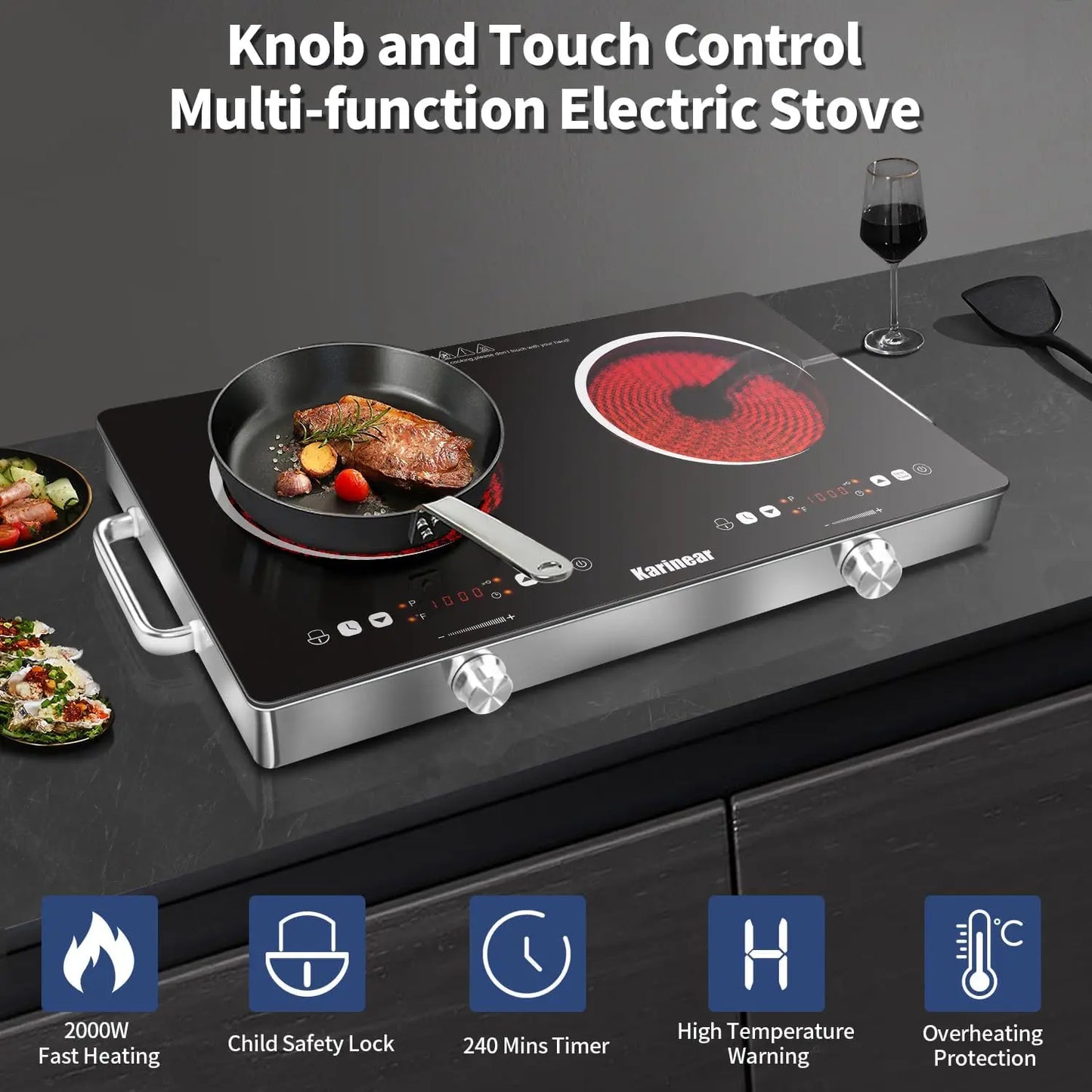 Karinear Dual Zone Ceramic Hob With Knobs And Touch Control