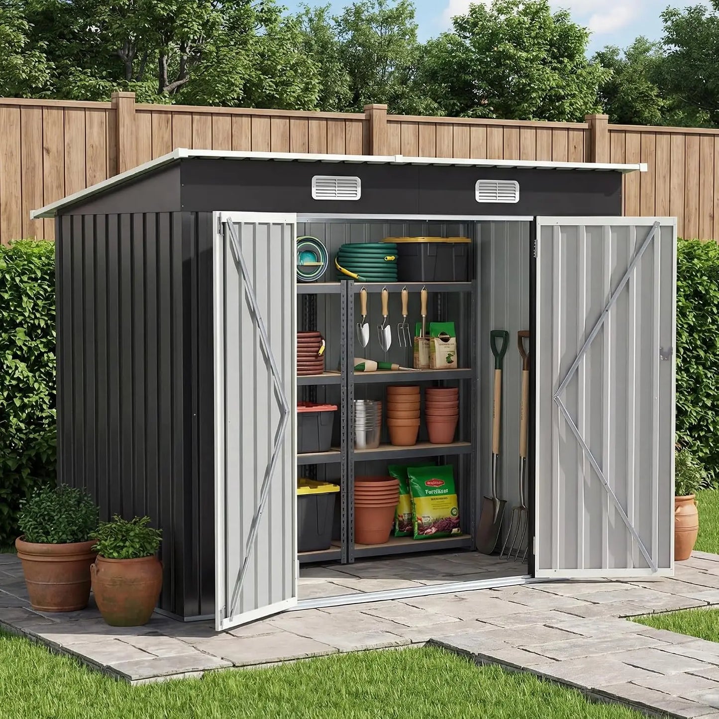Metal Shed With Sloped Roof And Lockable Door For Outdoor Storage
