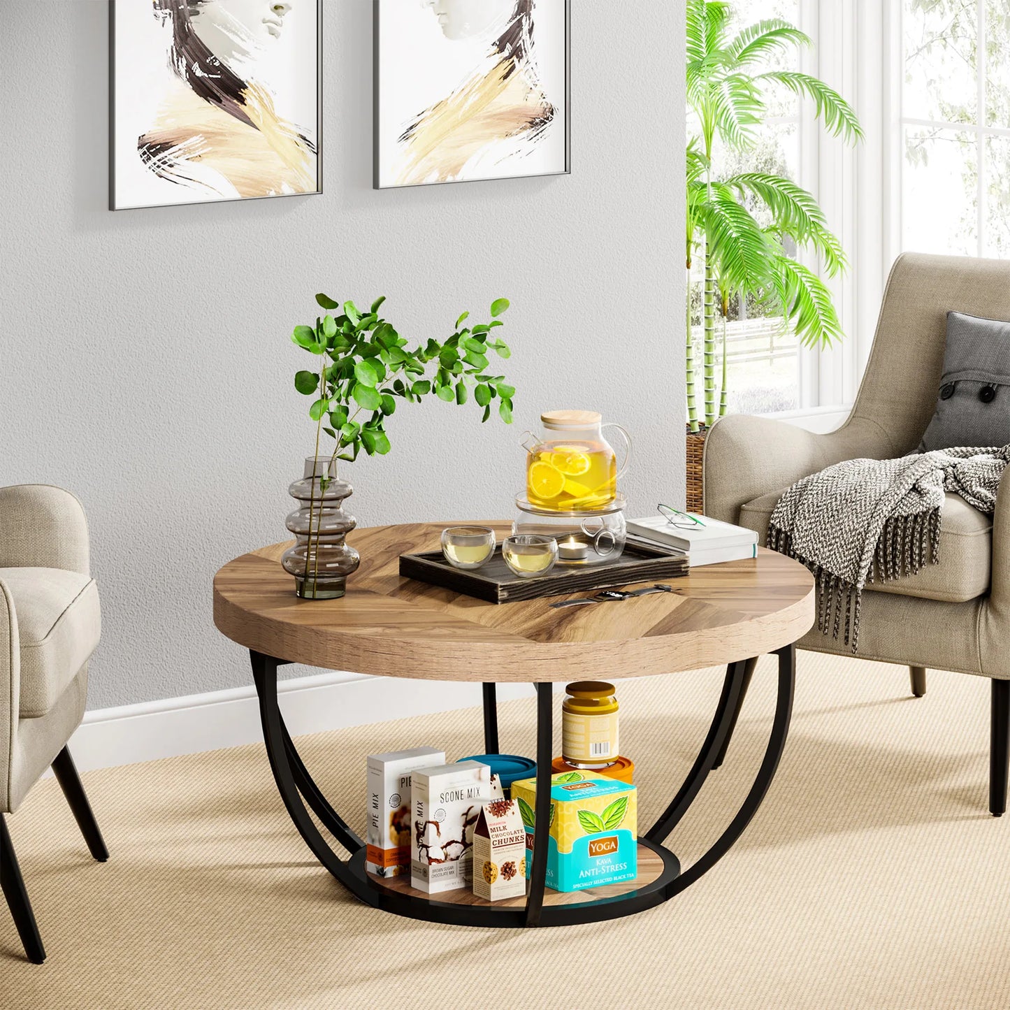 Tribesigns Round Coffee Table With Storage Shelves