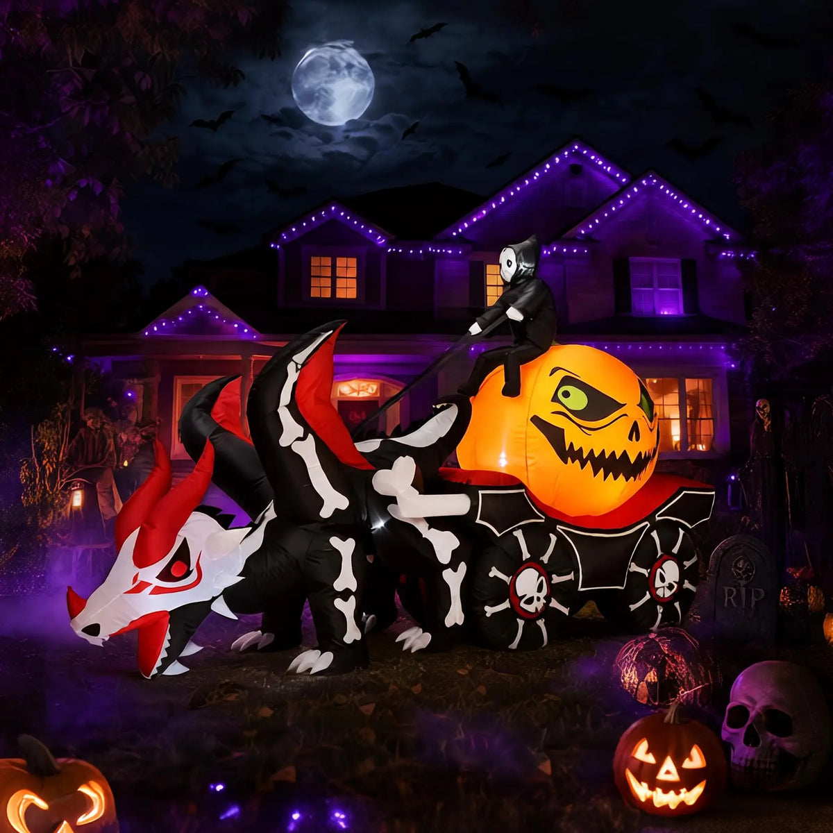 HiMISS Grim Reaper Dragon Carriage Halloween Inflatable Yard Decoration