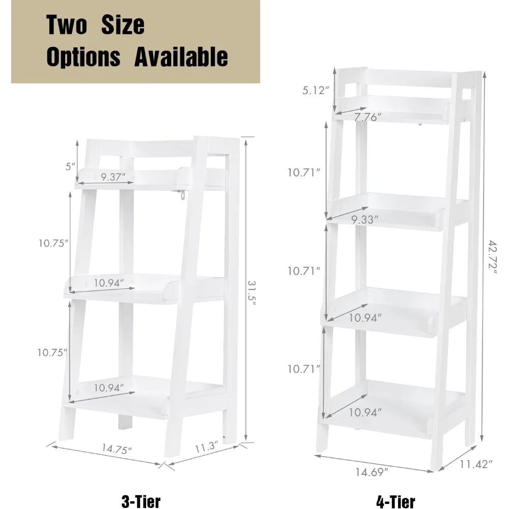 White 4-Tier Ladder Style Freestanding Bathroom Shelf with Open Wood Shelves for Space Saving