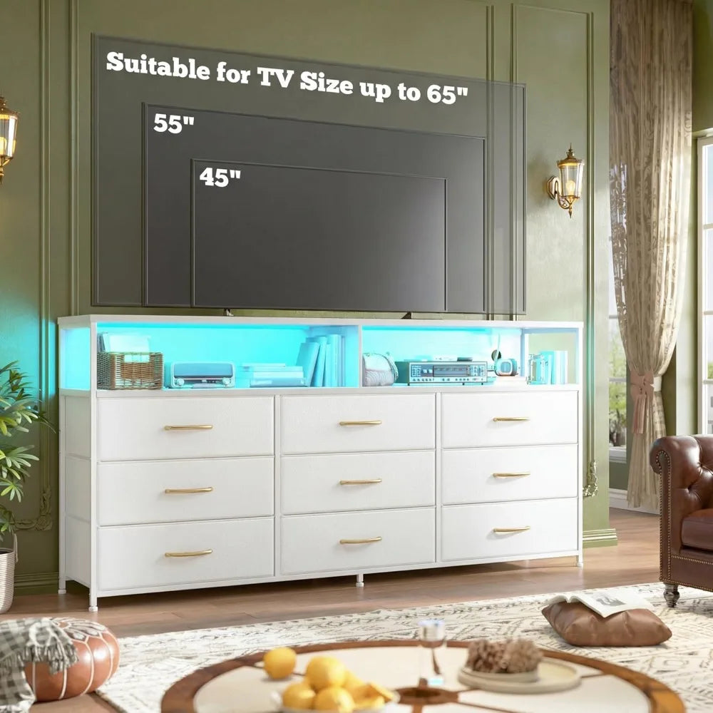 Long Dresser TV Stand With Nine Drawers And Outlets