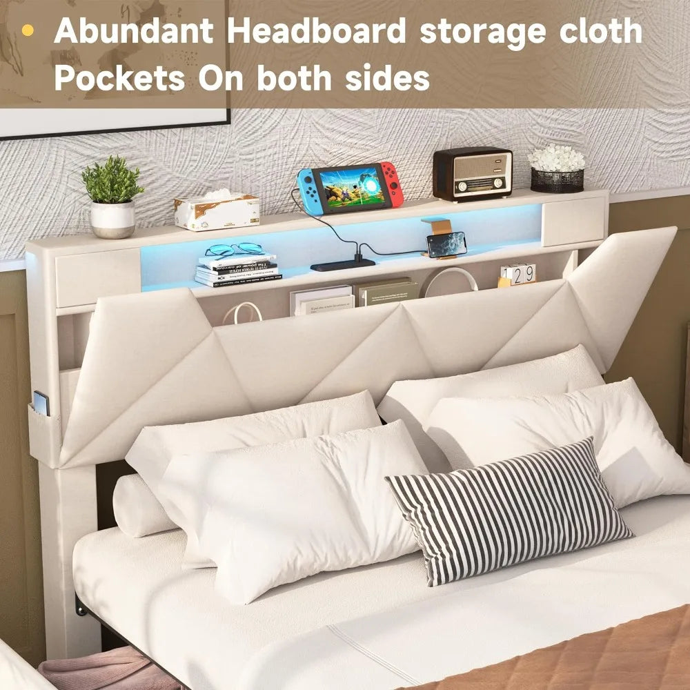 Bed Frame With Storage Drawers, Upholstered Headboard, Charging Station, LED