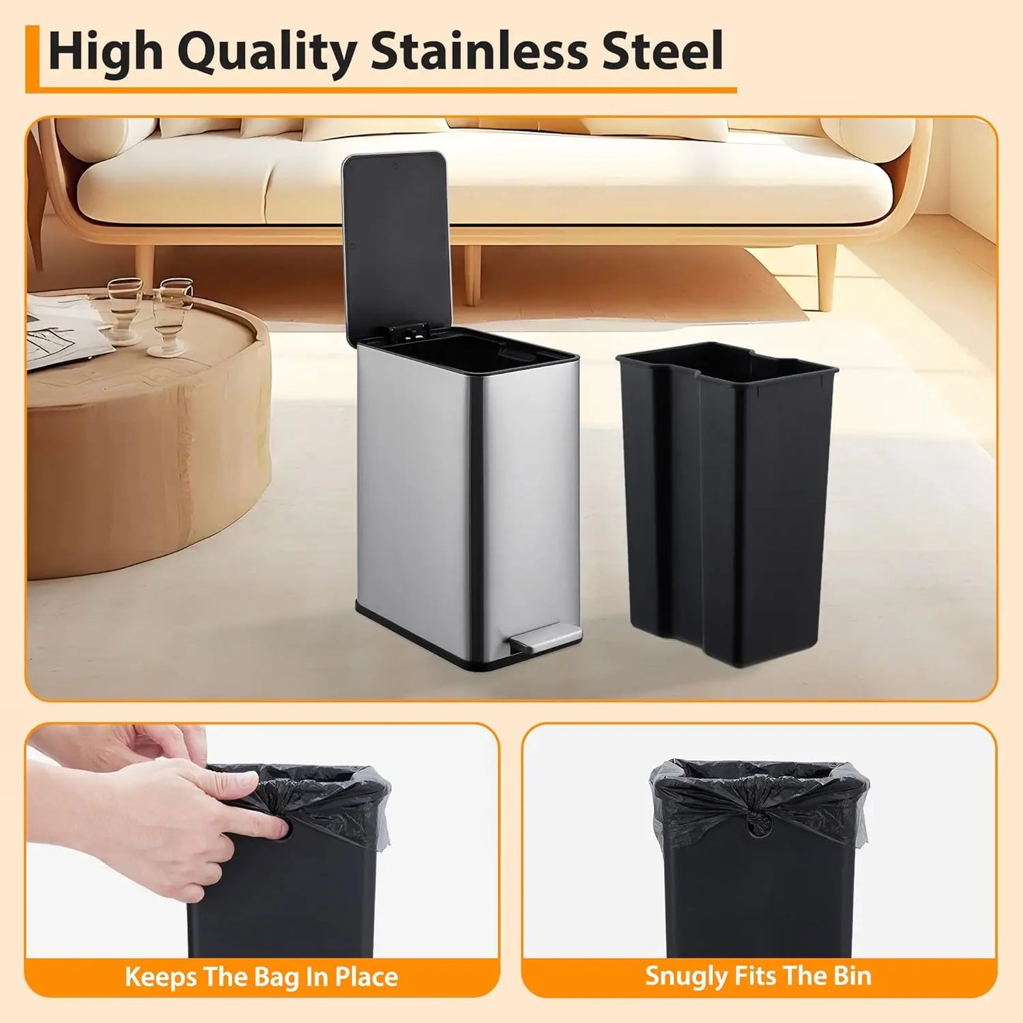 HiMISSCN Stainless Steel Trash Can With Soft Close Pedal