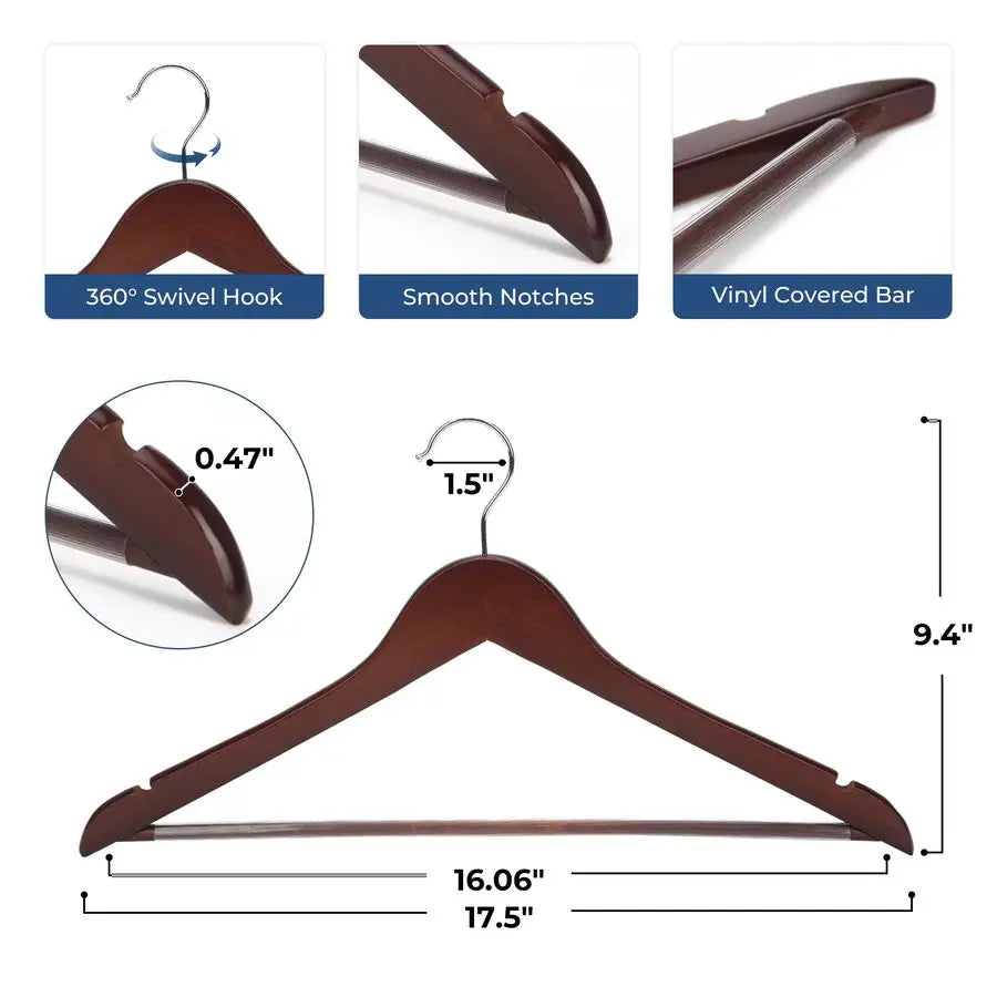 Walnut Wooden Coat Hangers 20 Pack Non Slip Pant Bar