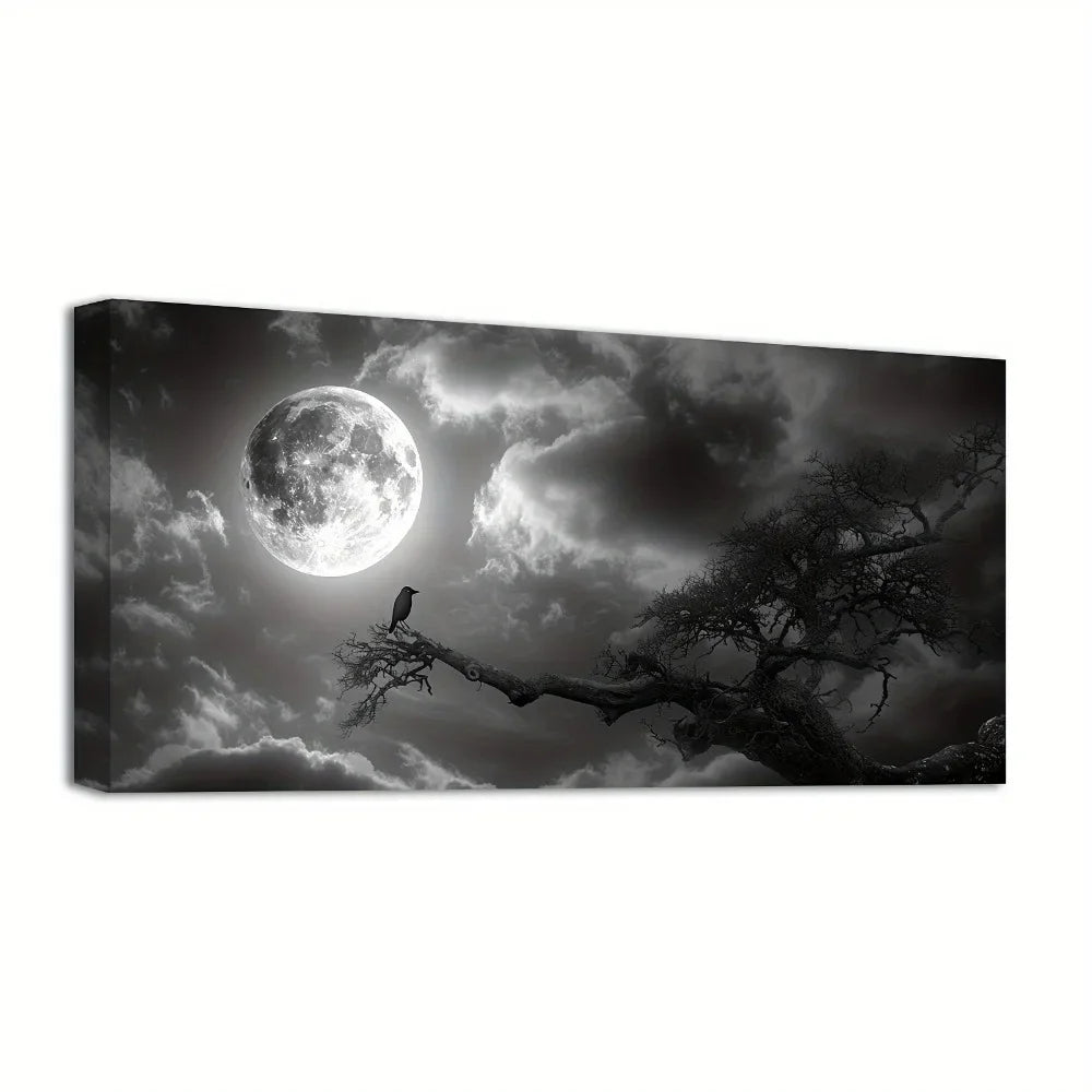 Pine Solid Wood Frame Night Landscape Moon Print Wall Art