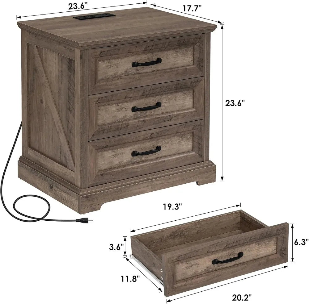 Farmhouse Nightstand With USB Charging Station And Three Drawers