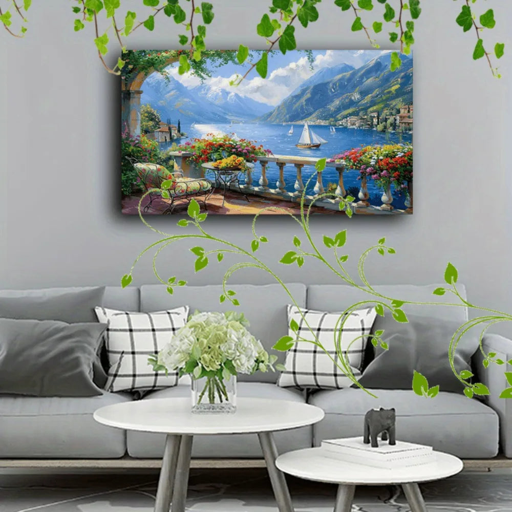 Interior Art Deco Decor With Floral Lake Mountains Balcony View