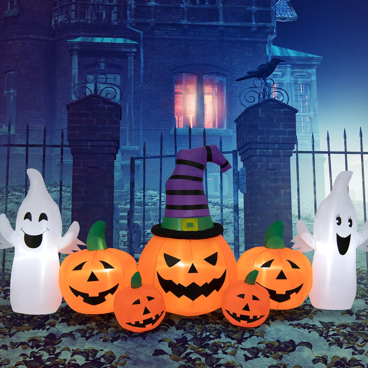 LIFEZEAL Halloween Inflatable Pumpkin Patch With Ghosts And LED Lights