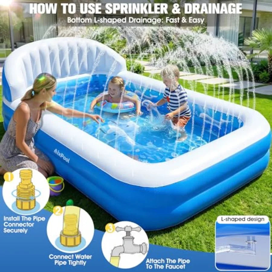 Rectangular Inflatable Pool With Sprinkler And Big Backrest