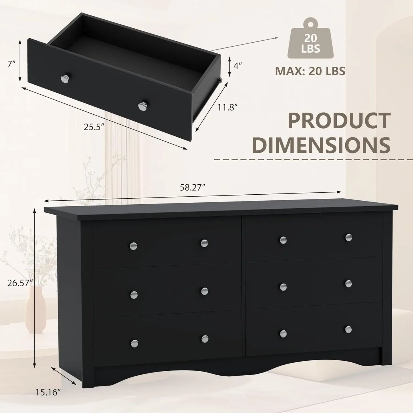 Six-Drawer Wood Dresser for Bedroom and Living Spaces