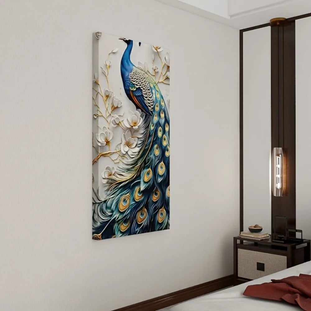 Modern Abstract Peacock Canvas Wall Art In Solid Wood Frame