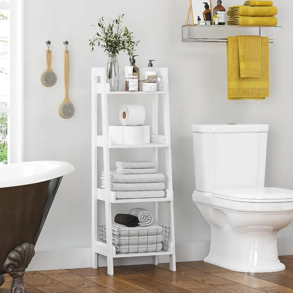 White 4-Tier Ladder Style Freestanding Bathroom Shelf with Open Wood Shelves for Space Saving