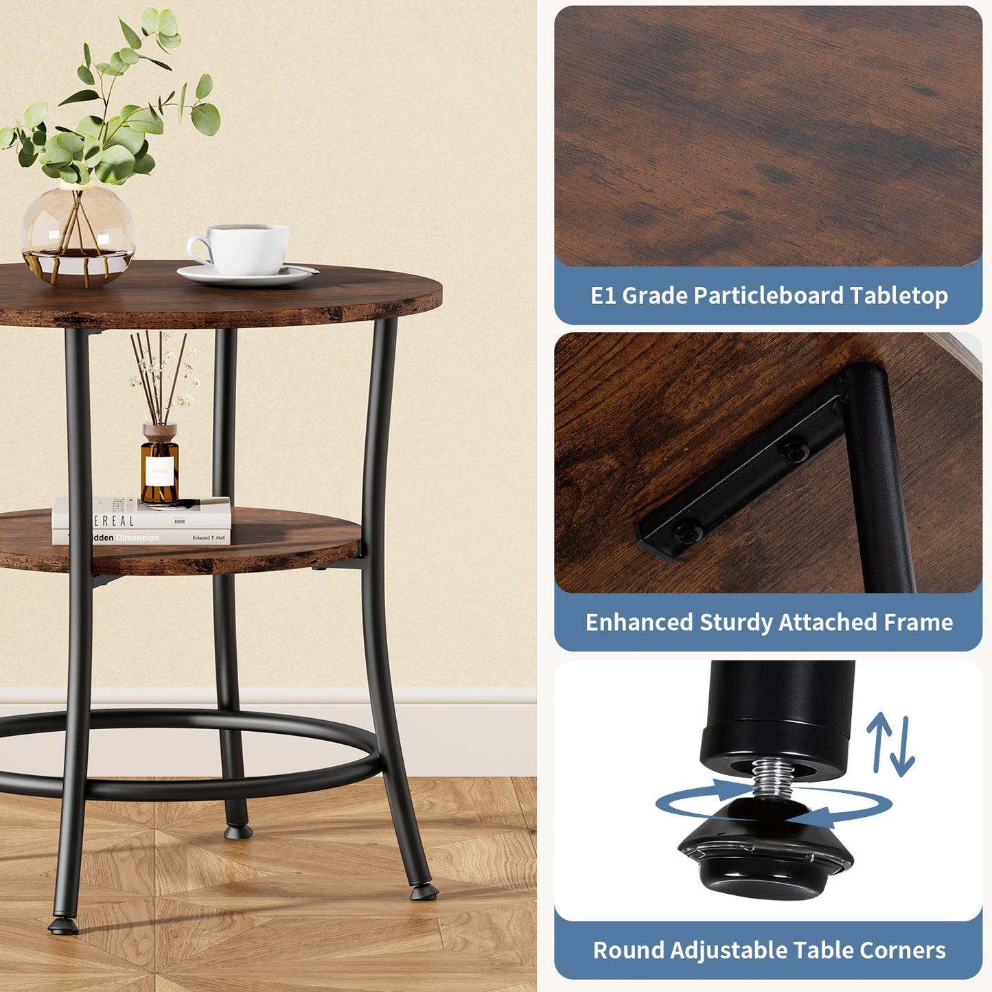 JHK Round Coffee Table With Two Tier Storage Shelf Metal Frame