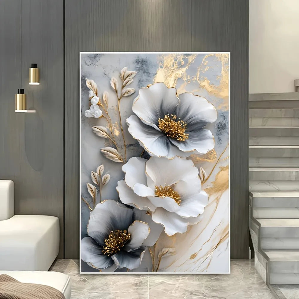 Modern Luxury Floral Canvas Mural Framed Depth Effect Painting