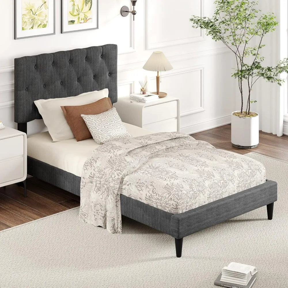 Modern Upholstered Platform Bed Frame with Diamond Tuft Headboard