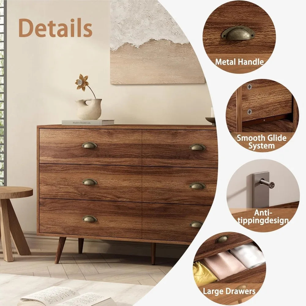 Walnut Brown Wood Dresser With Six Drawers For Bedroom