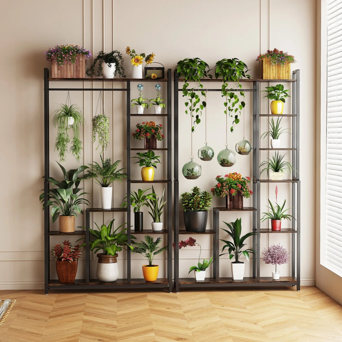 Indoor Plant Stand With Shelves And Hanging Rod Metal Frame