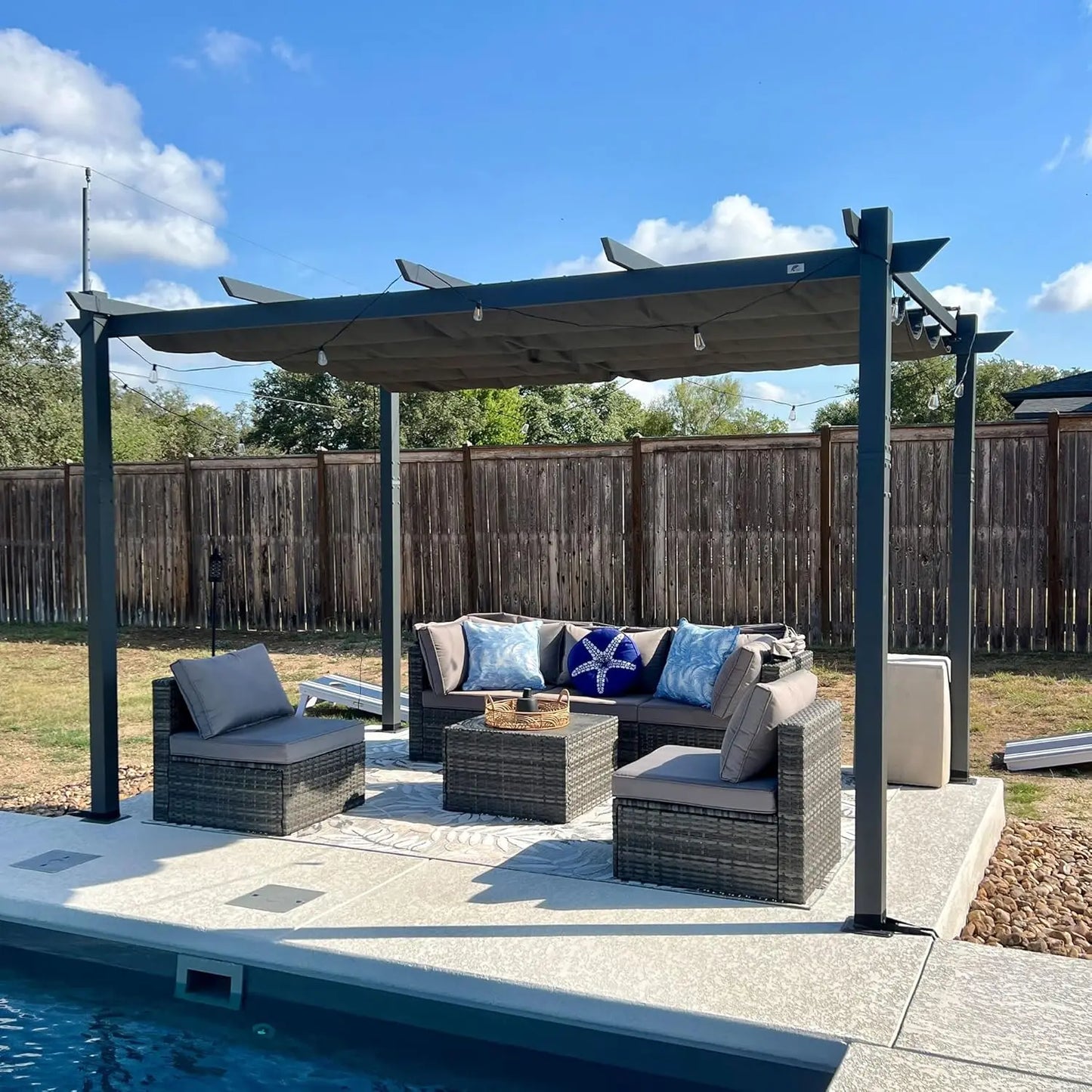 Aluminum Pergola With Retractable Double Canopy Wind Resistant Outdoor