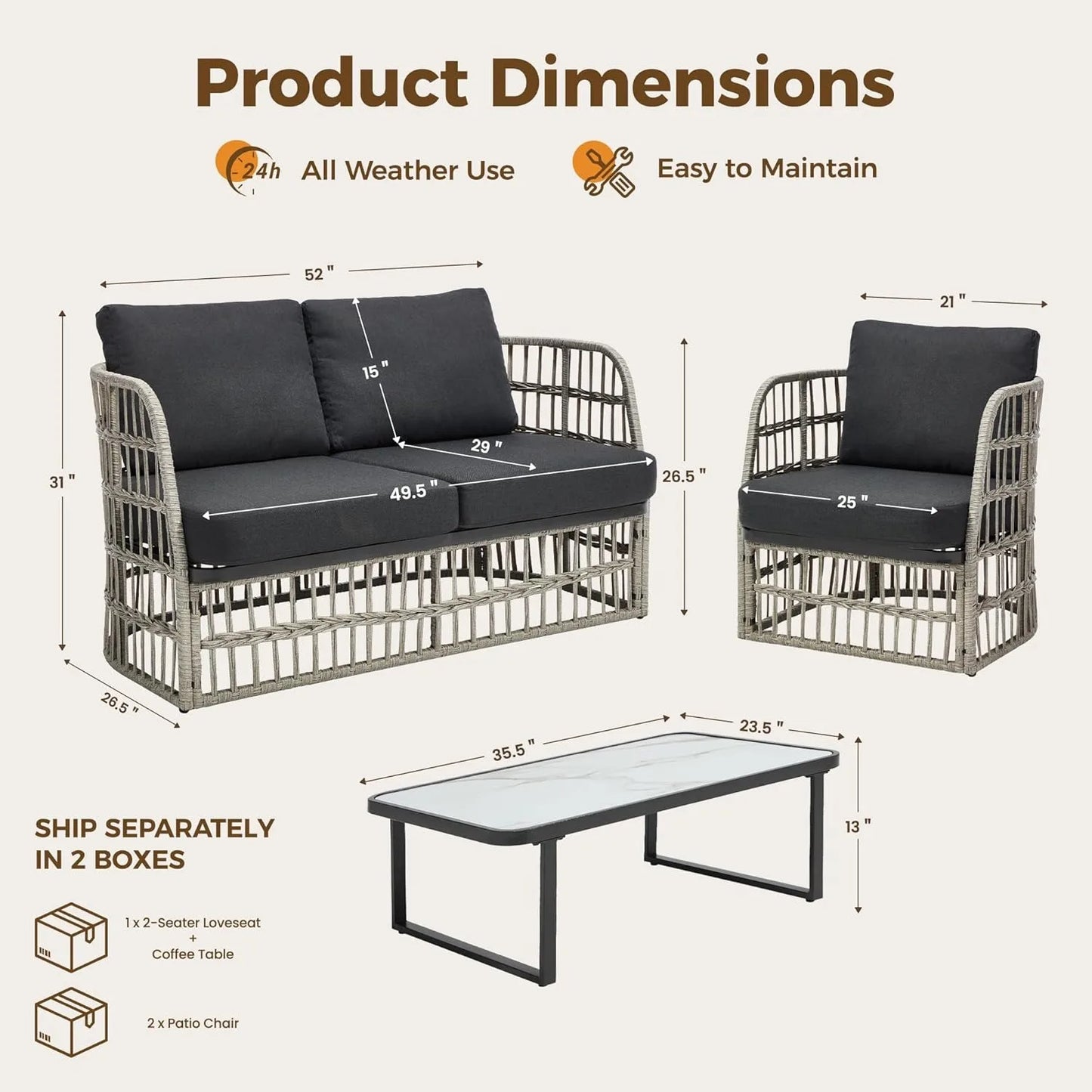 XIUWO 4 Piece Outdoor Wicker Sectional Sofa Set For Patio Poolside