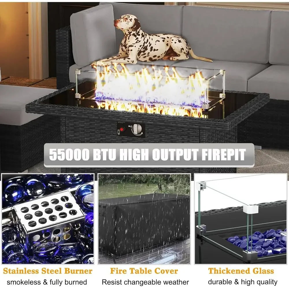 Outdoor Patio Furniture Set With Fire Pit Table Rattan Wicker