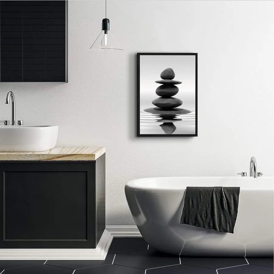 Framed Zen Stones Bathroom Wall Art For Spa And Meditation