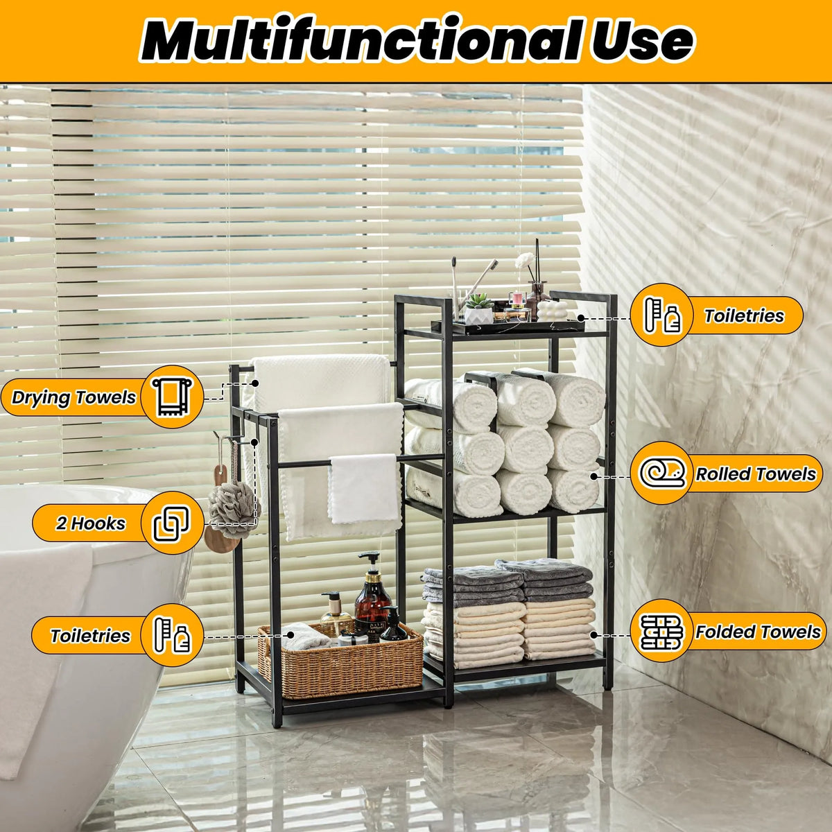 Freestanding Bathroom Towel Rack with Dual-Sided Rolled Towel Storage
