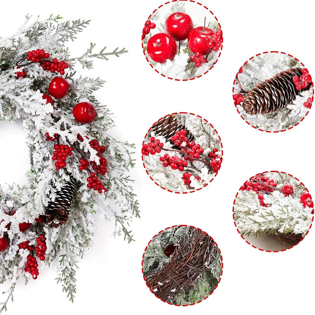 Snow Flocked Christmas Pine Wreath With Red Berries And Pinecones