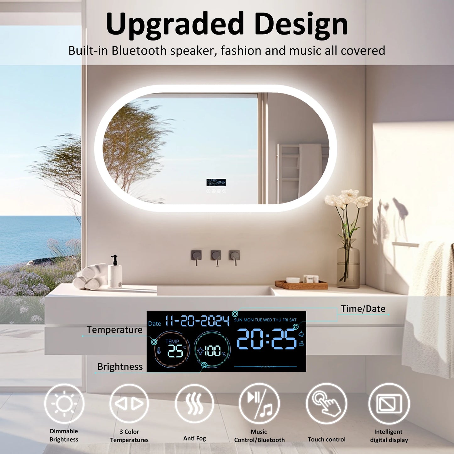 Wisfor Oval LED Bathroom Mirror With Lights Anti Fog Bluetooth Speaker