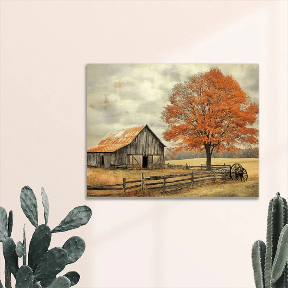 Pine Wood Frame Art Deco Mural Country Farmhouse Scene