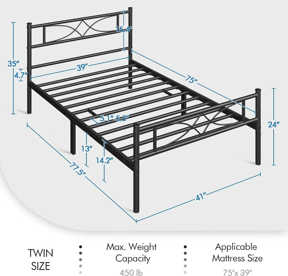 Metal Platform Bed With Curved Headboard Heavy-Duty Support