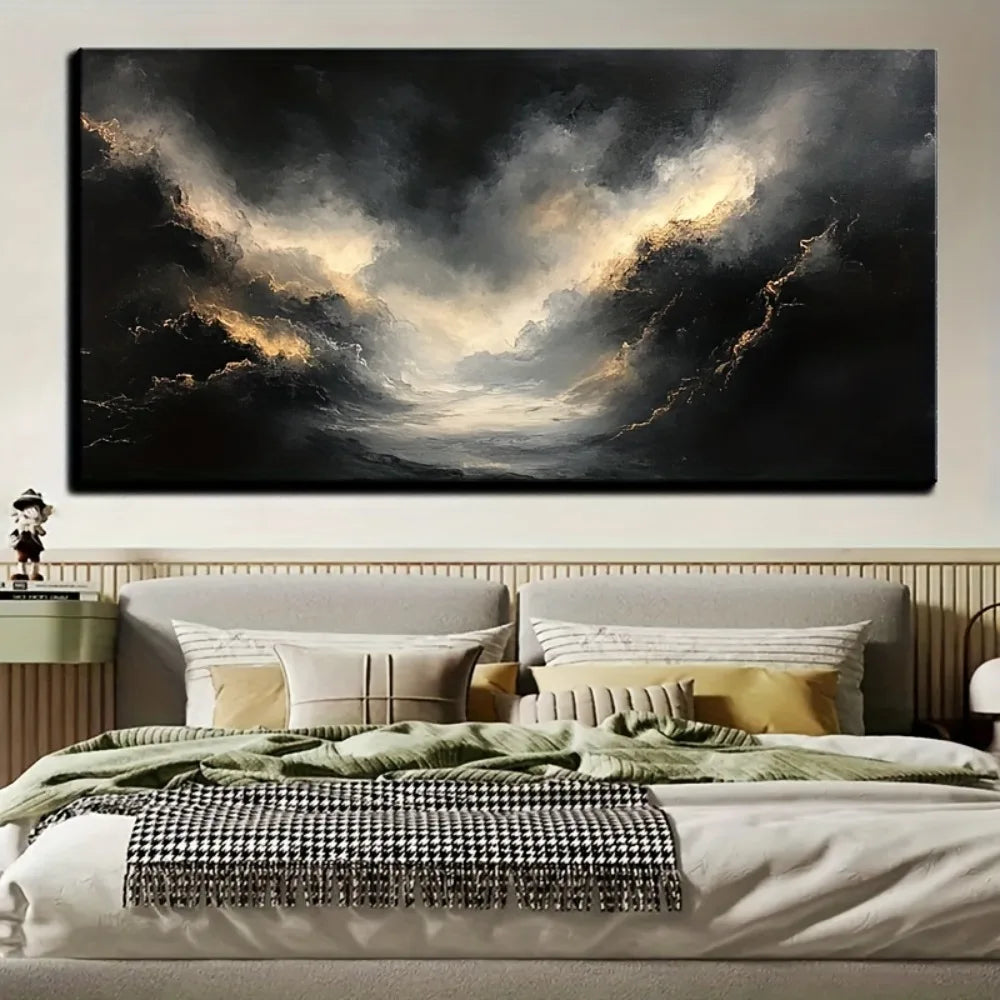 Abstract Black Gold Texture Modern Art Painting With Pine Frame