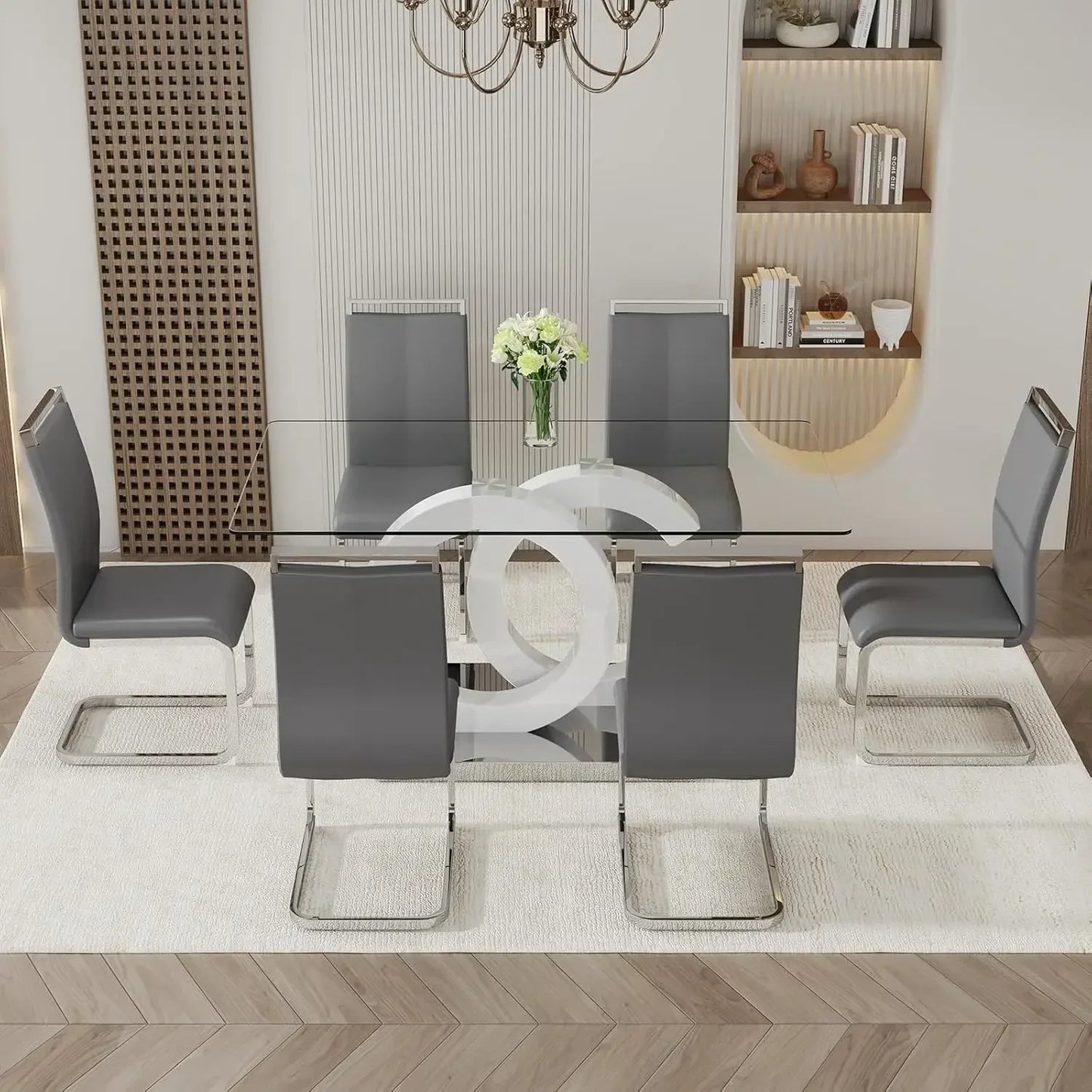Glass Dining Table Set With Tempered Glass Top PU Chairs