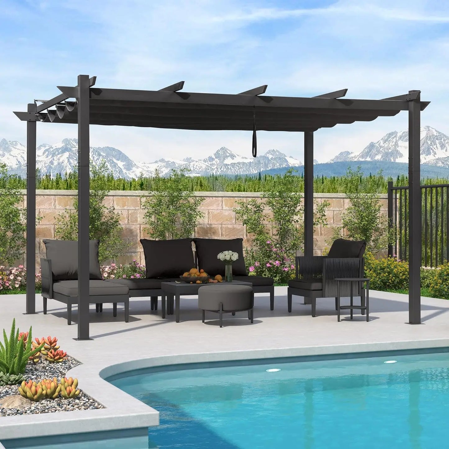 Aluminum Pergola With Retractable Double Canopy Wind Resistant Outdoor
