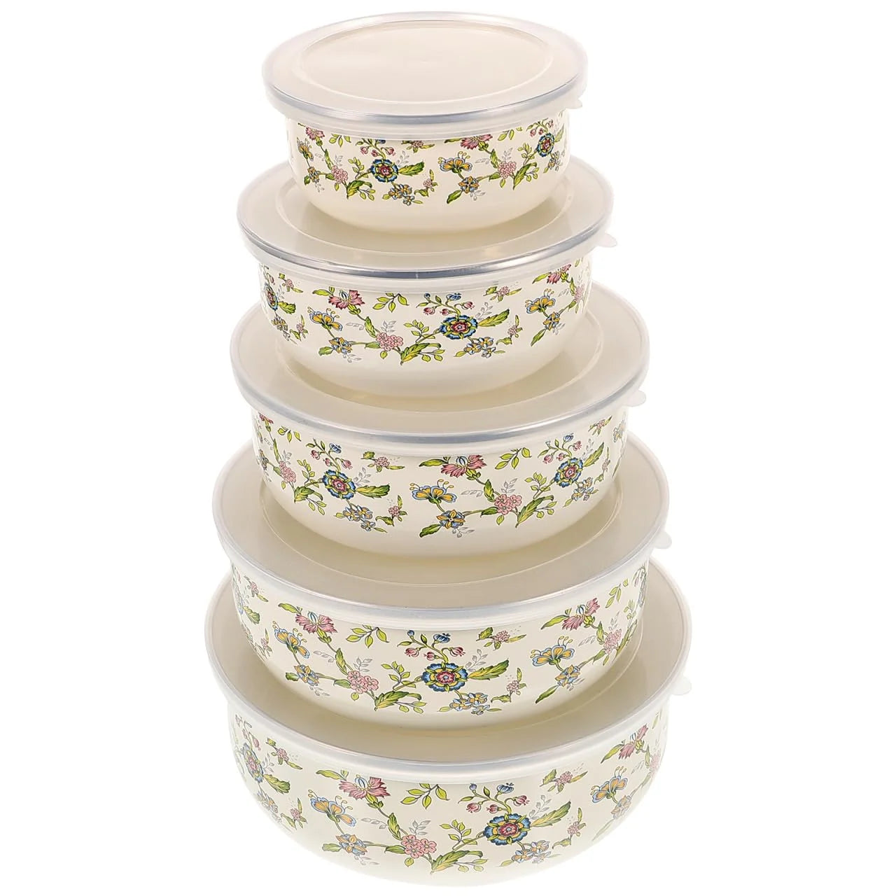 Five Piece Enamel Bowls With Lids Kitchen Storage Set