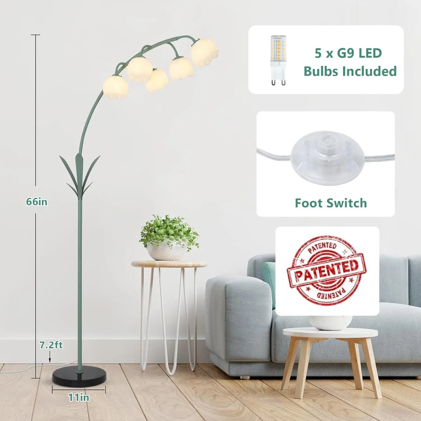 Arc Floor Lamp with 5 G9 LED Bulbs, Foot Switch, Green Floral Design for Living Room Bedroom Corner Reading