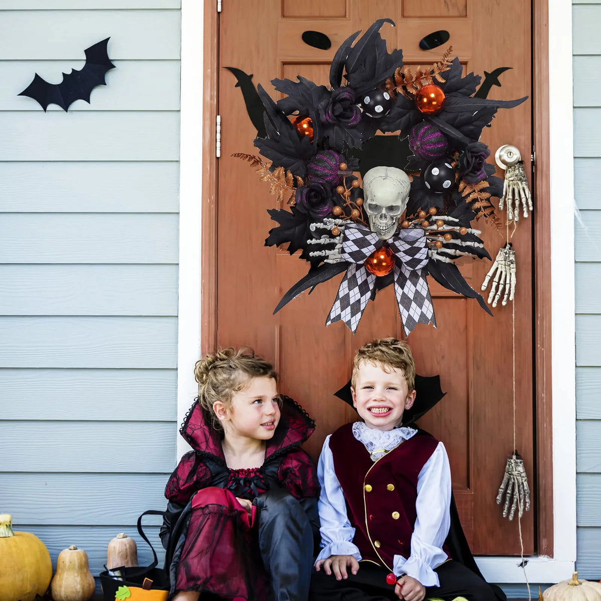 HiMiss Gothic Halloween Skeleton Wreath Front Door Decor