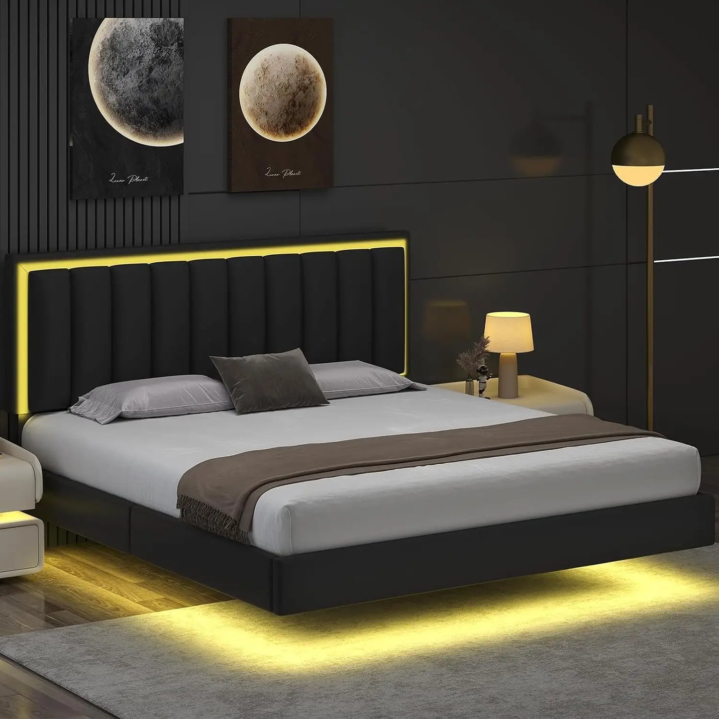 GUANGBAI Floating Bed Frame With LED Lights And Upholstered Headboard